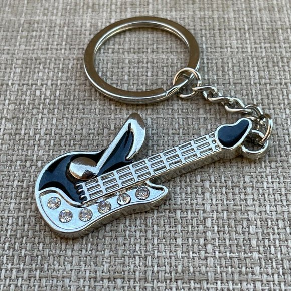 Guitar Key chain Silver/Black Tone Fashion Jewelry Keys Holder Crystals accent - Picture 1 of 8